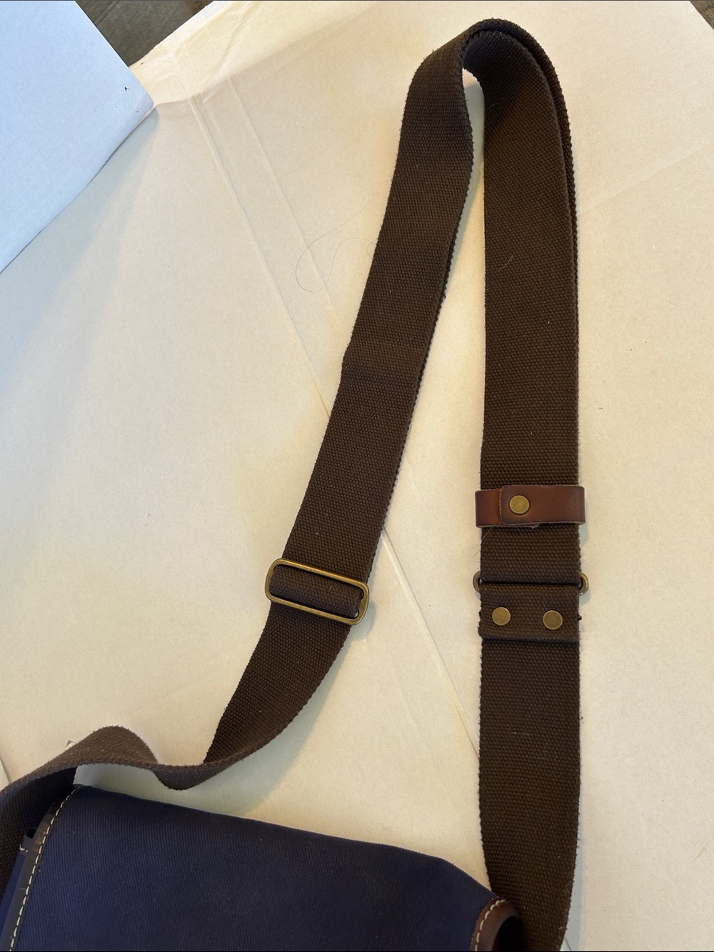COLE HAAN BLUE CANVAS AND BROWN LEATHER  CARRY SATCHEL /MESSENGER BAG - Picture 4 of 16